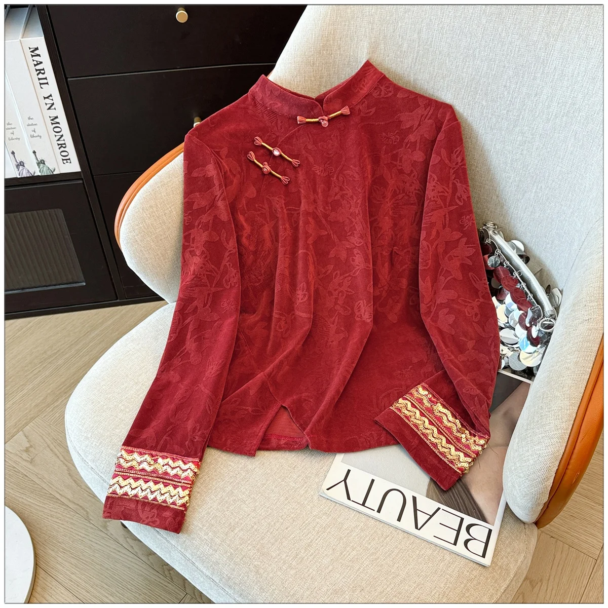 

Ele Velvet irt женский весенне-осенне-зимний китайский топ с воротником на пуговицах и воротником Dr, модная основа с разрезом irt