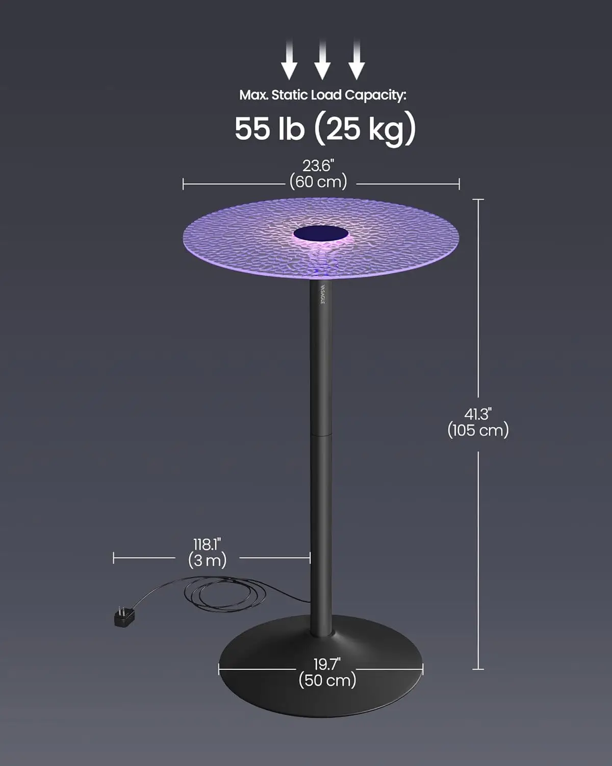 Bar Table, Round Cocktail Table with Multi-Colored Lights and Glass Top, Large Steel Base, 41.3 Inches Tall Pub Table