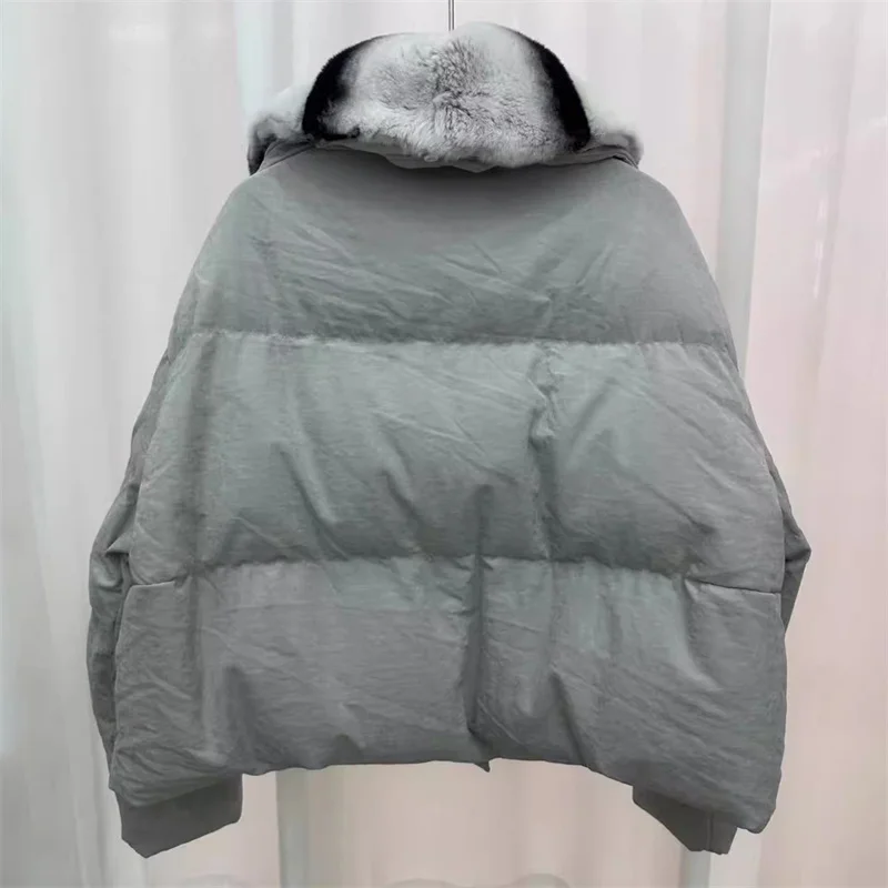 Chaqueta de invierno para mujer, chaqueta de plumón con cuello de piel de conejo desmontable, abrigo grueso y cálido relleno de plumón de pato blanco 90 y2k, novedad de 2025
