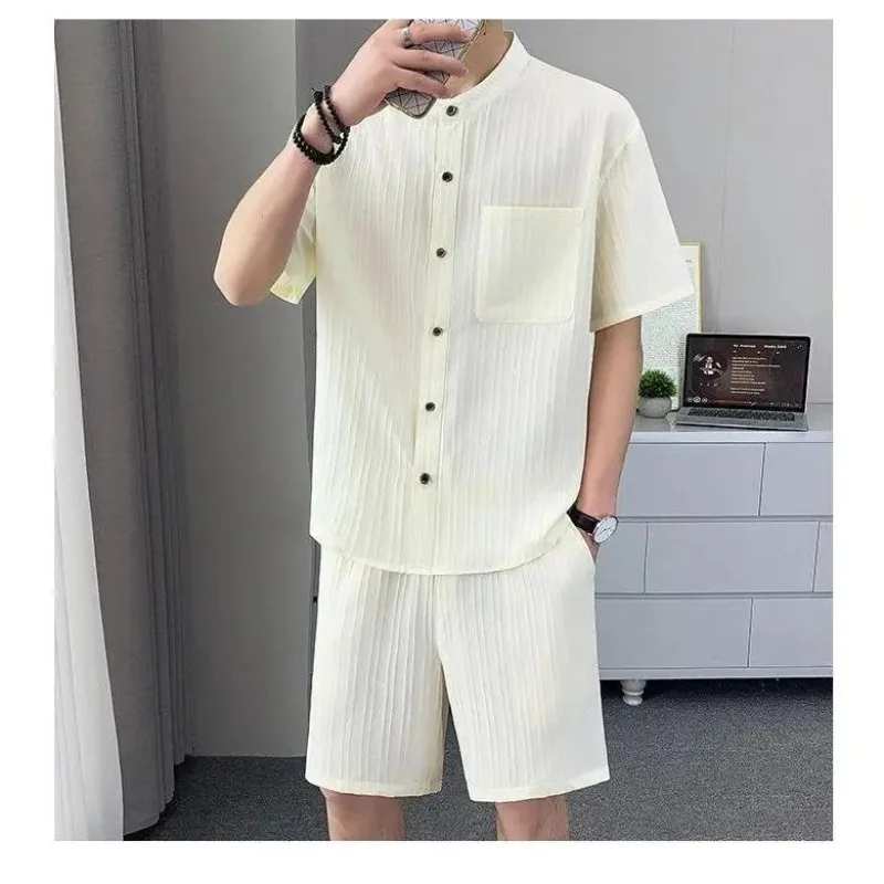Conjunto de Camisa de Verano para Hombre, Estilo Minimalista a Rayas, Camisa Casual de Manga Corta con Bolsillo + Pantalones Cortos, Conjunto Clásico de Playa Hawaiano, Talla 5XL
