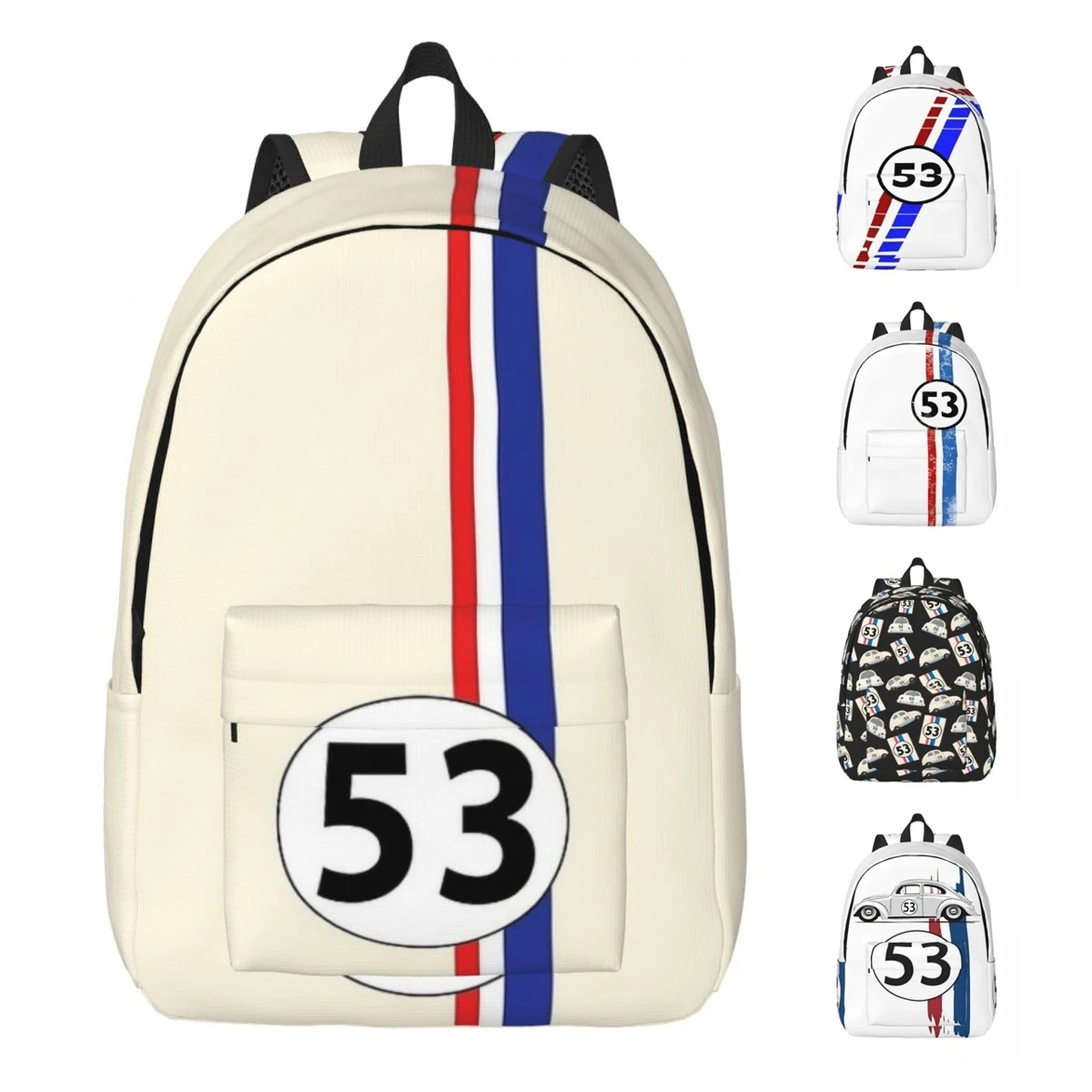 Herbie Number 53 Fashion Backpack with Pocket Student Business Race Car Enthusiasts Stripe Daypack Men Women Laptop Shoulder Bag