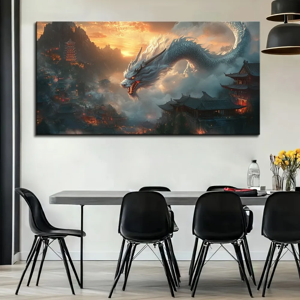 طباعة فنية من قماش التنين الشرقي على الطراز العتيق، إطار من خشب الصنوبر الصلب بسمك 1.5 بوصة، مناسب للديكور الداخلي