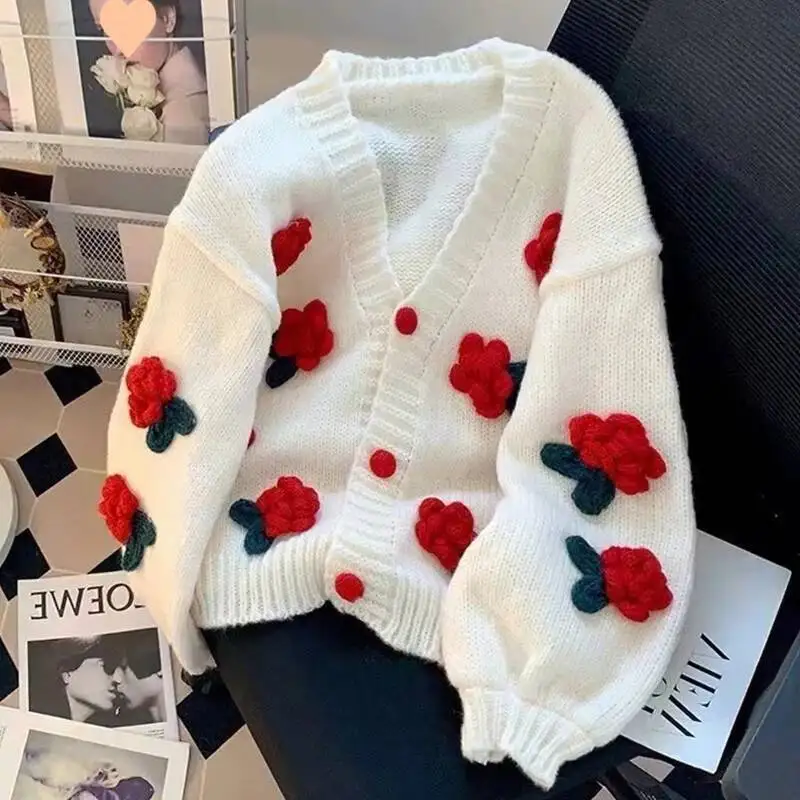 

New D Flower Women Sweet Cute Korean All Match V Neck Sweater Coat Autumn Winter Gentle Style Knitted Cardigan