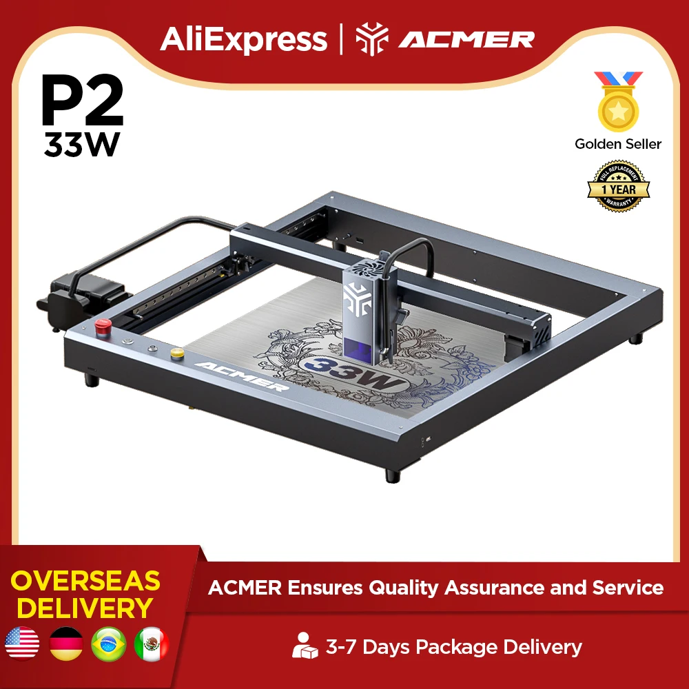 ACMER P2 33W laser engraving 180W Output CNC Cutting Machine for Plank carpentry acrylic With Automatic Air Assist Kit APPWIFI