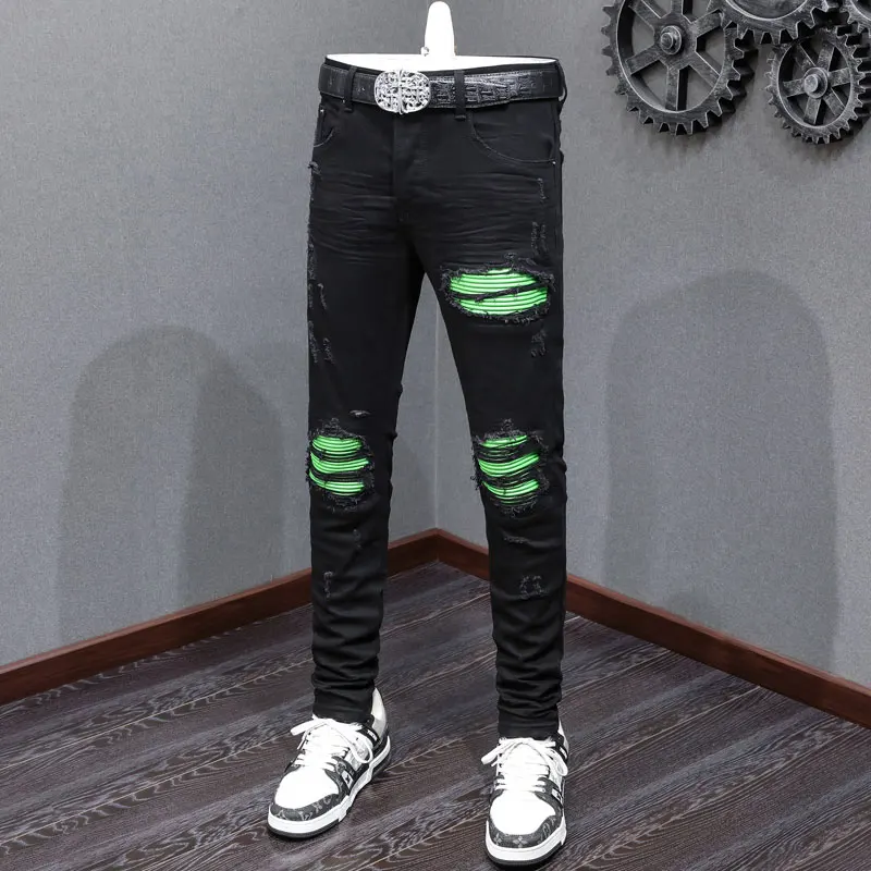 

Designer High Street Fashion New Men's Jeans Washed Nostalgic Green Patch Jeans Hip Hop Brand Stretch Slim Black Pants Hombre