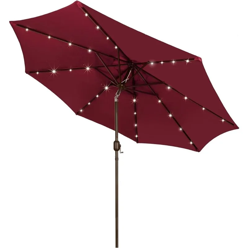 9 ft Solar Umbrella 32 LED Lighted Patio Umbrella Table Market Umbrella with Tilt and Crank Outdoor for Garden, Deck