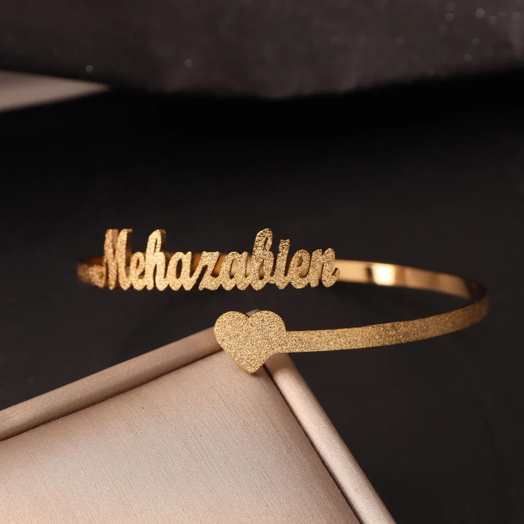 Personalized Custom Frosted Name Bracelet With Heart Adjustable Stainless Steel Open Love Bangle Jewelry Gift For Lover