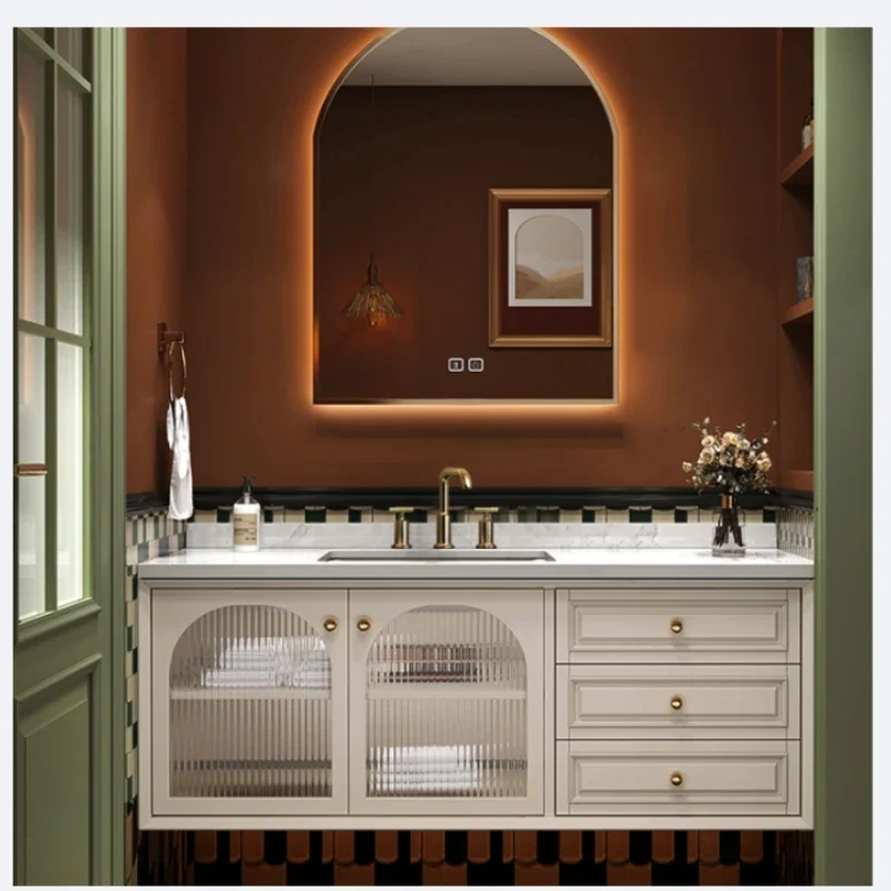 

Bathroom Cabinet Cream Light Luxury Slate Double Bathroom Double Oak Solid Wood Combination