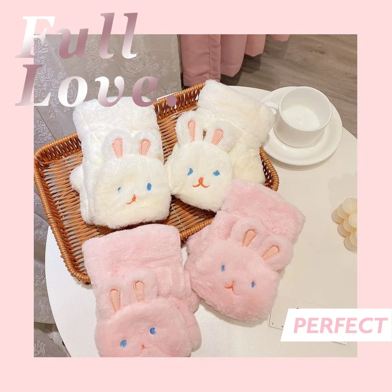 

1Pair Girl Winter Half Finger plush Cute rabbit Gloves Warm Luxury Plush Fingerless Glove Writting Mittens clamshell-type Glove