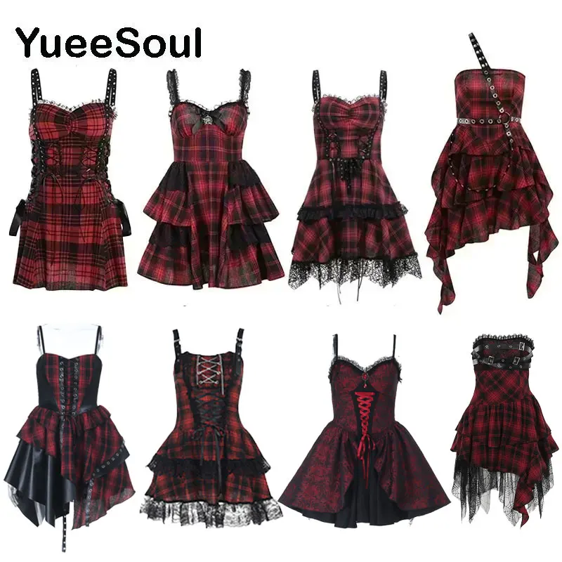 Grunge Gothic Women Dress Lace Trim High Waist Bodycon Mini Dress 2026 New E-girl Vintage Punk Harajuku Lolita Party Clothes