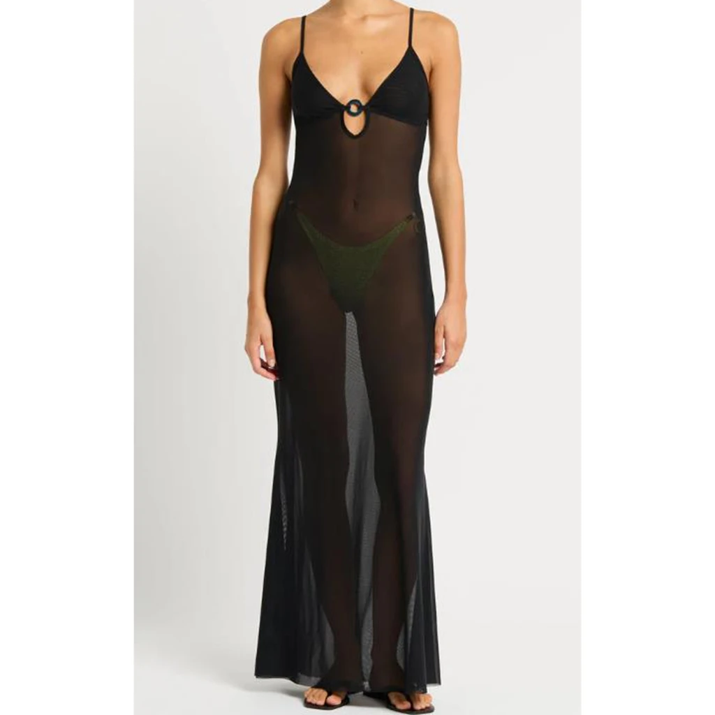 Abito da donna trasparente in rete trasparente con canottiera senza maniche, cinturino per spaghetti, anello sul davanti, abito lungo aderente, abito aperto sul retro