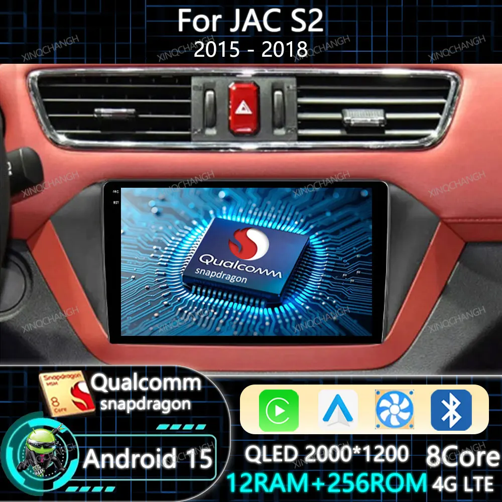 Autoradio Android 15 Carplay Auto pour JAC S2 2015 2016 2017 2018 Lecteur Multimédia Qualcomm Unité Centrale Vidéo 4G LTE 5G WIFI QLED