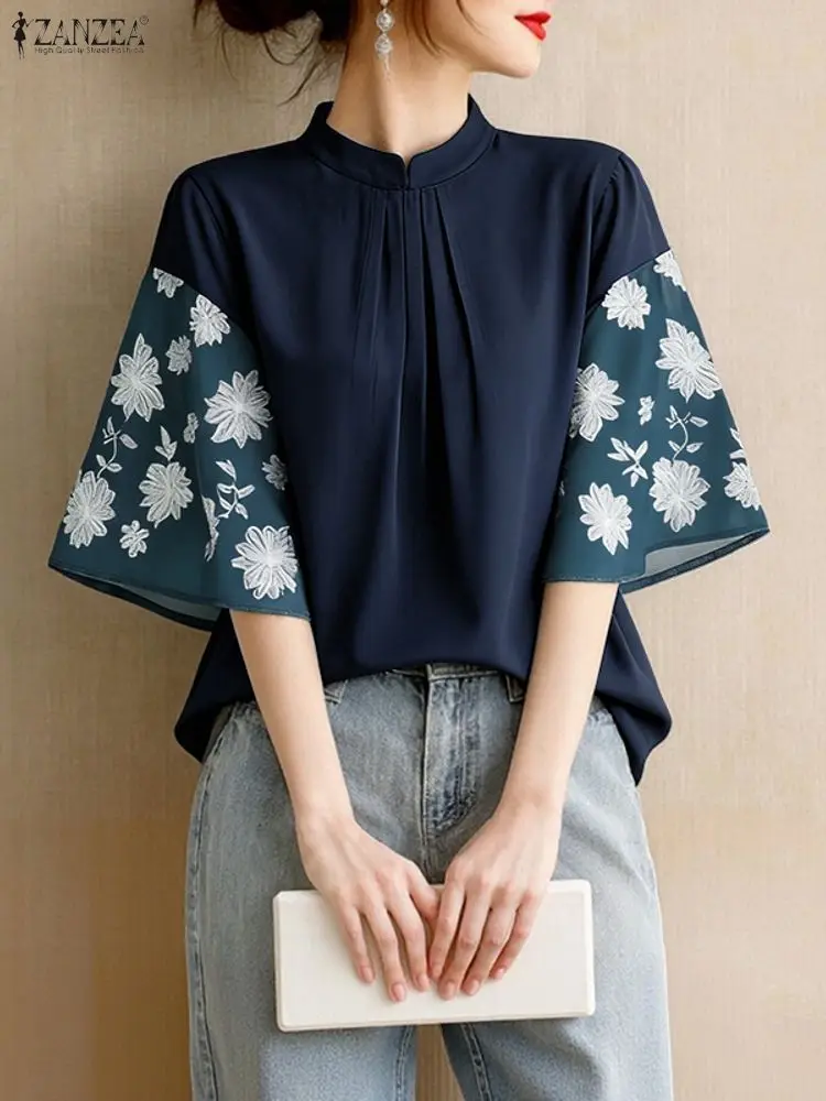 

Women Elegant Mesh Patchwork Blouse ZANZEA 2025 Summer Office Work Shirt Stand Neck Short Sleeve Floral Tops Female Mujer Tunic