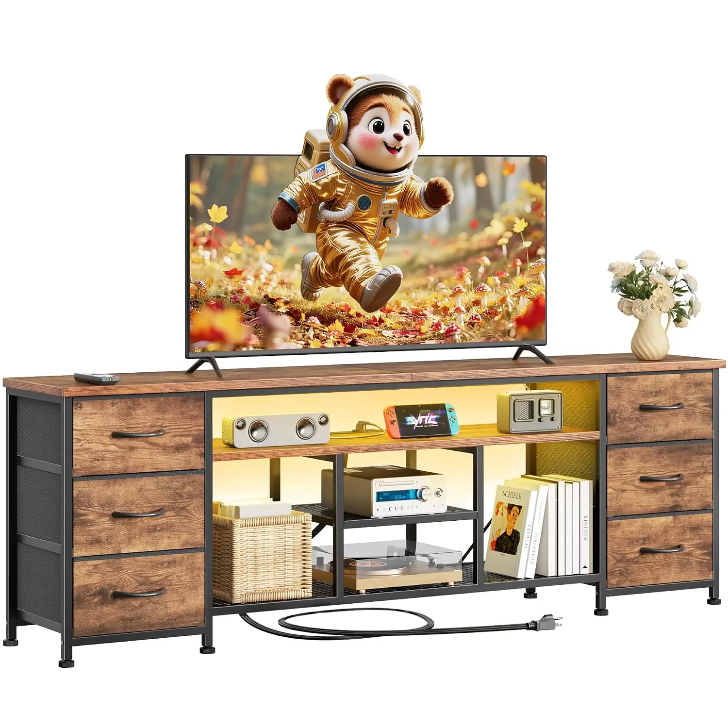 71 Inch TV Stand for 65 70 80 Inch TV Console with Power Outlets & 6 Fabric Drawers for Living Room Bedroom, Customized