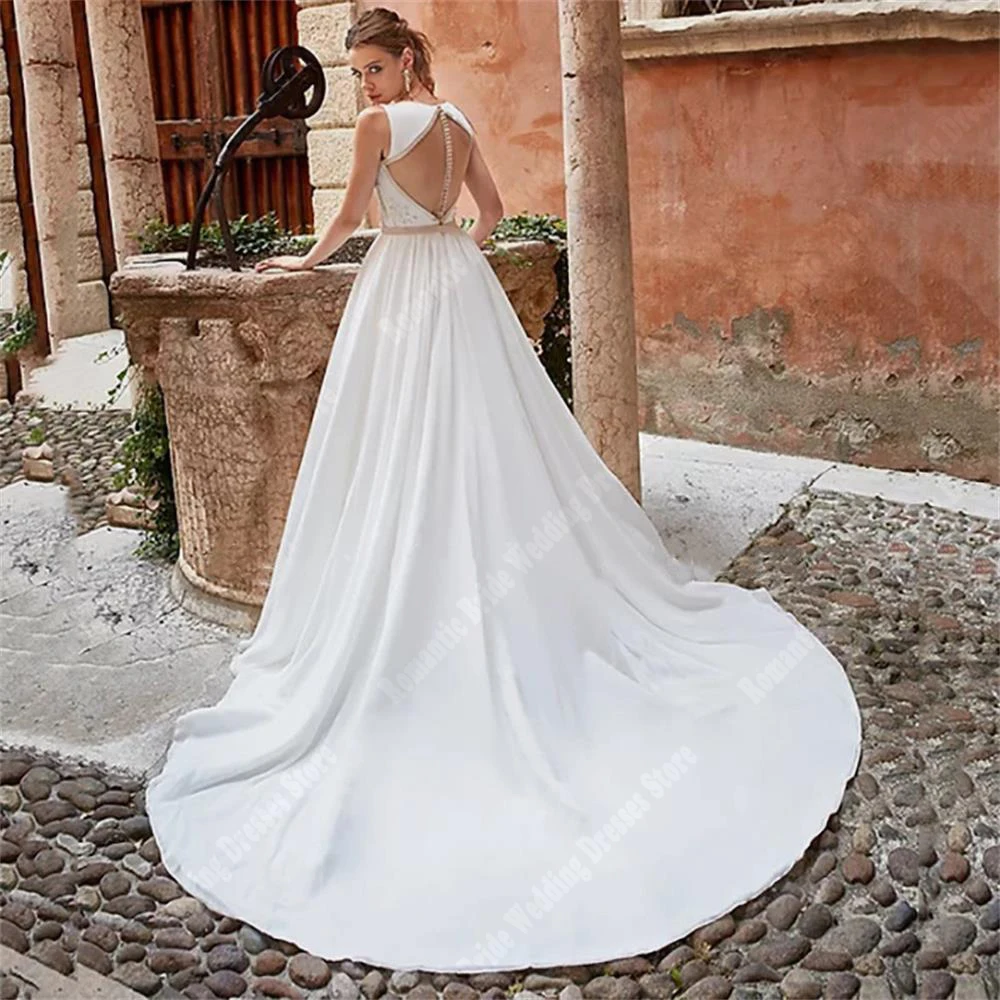 Semplici abiti da sposa da donna freschi da spiaggia con scollo tondo in pizzo Appliques Extra Creative scava fuori il Design Mopping lunghezza abiti da sposa