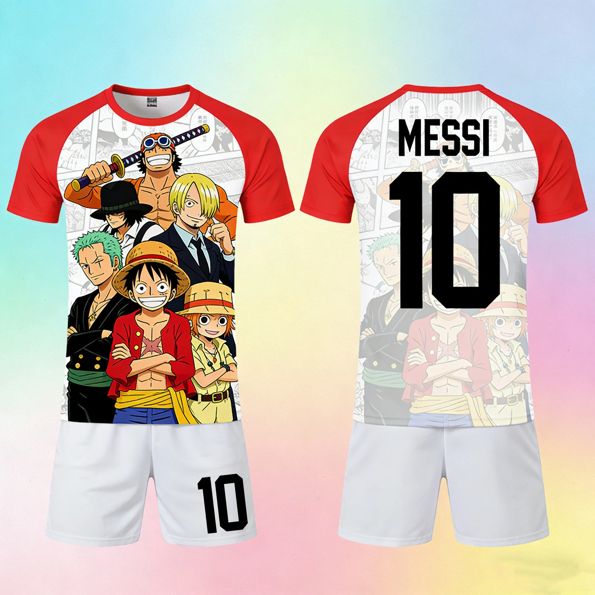 

Свитшот с изображением Месси из аниме One Piece, футбольный свитшот для активного отдыха, быстросохнущая мужская футболка + шорты, детский комплект