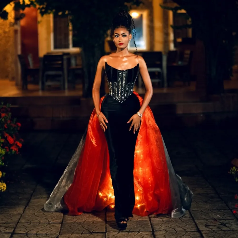 Aso Ebi Mermaid Prom Dresses With Detachable Train Strapless Corset Back Evening Party Dress Black Red Christmas Party Gowns