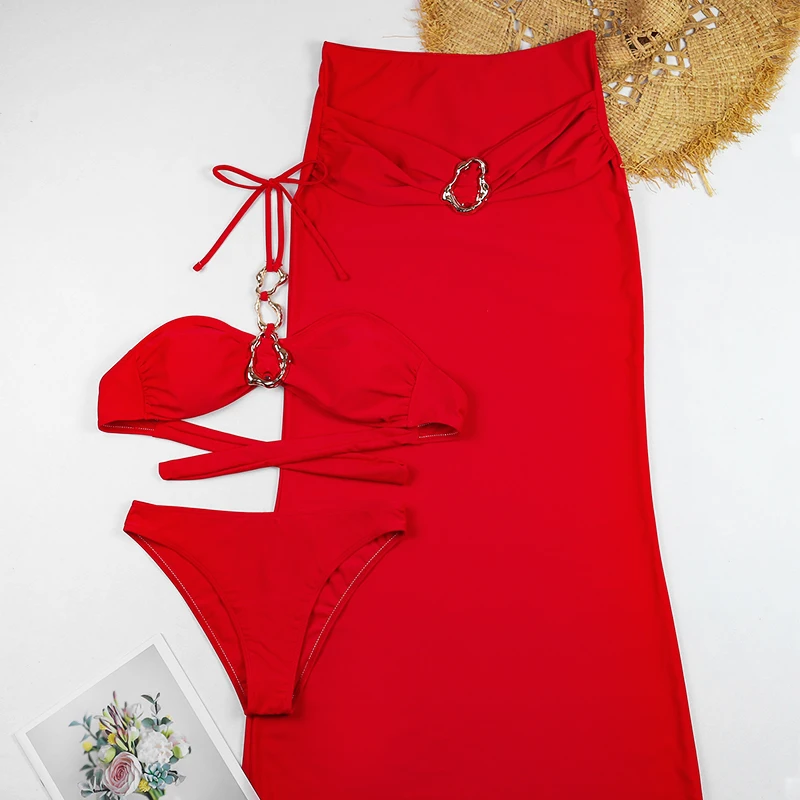 ชุดบิกินี่ 3 ชิ้น แบบดันทรง เซ็กซี่ ชุดว่ายน้ำผู้หญิง ปี 2025 พร้อมกระโปรง ชุดคลุมลายทางสำหรับใส่ไปทะเล