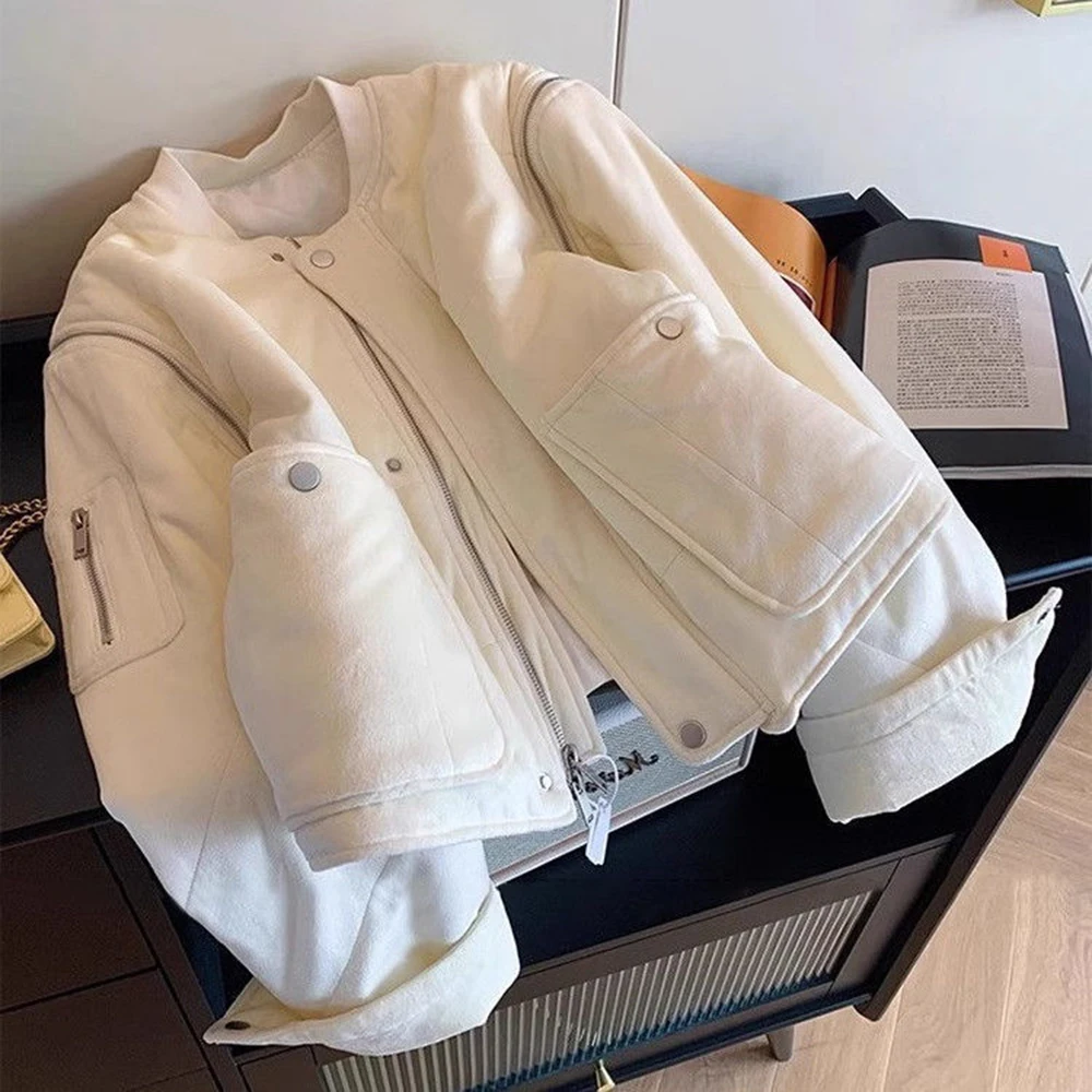 

Женское бежевое хлопковое пальто с круглым вырезом и длинным рукавом, свободная теплая стеганая куртка, женская осенне-зимняя модная термостеганая верхняя одежда