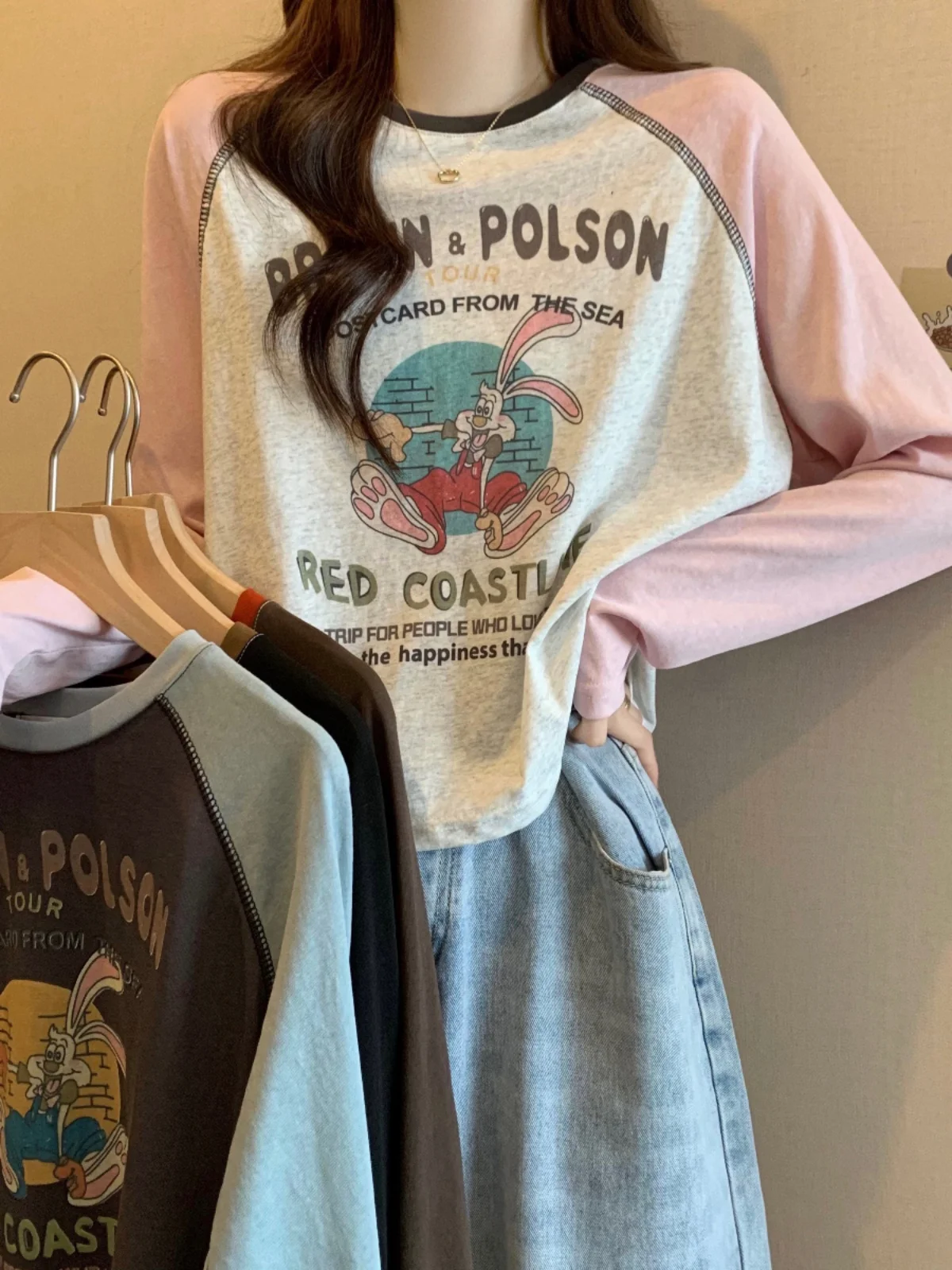 Women's Short Sleeve T-Shirt 2024 Spring Street Style round Neck Print Loose Fit Polyester Fiber Long Sleeve Base Shirt