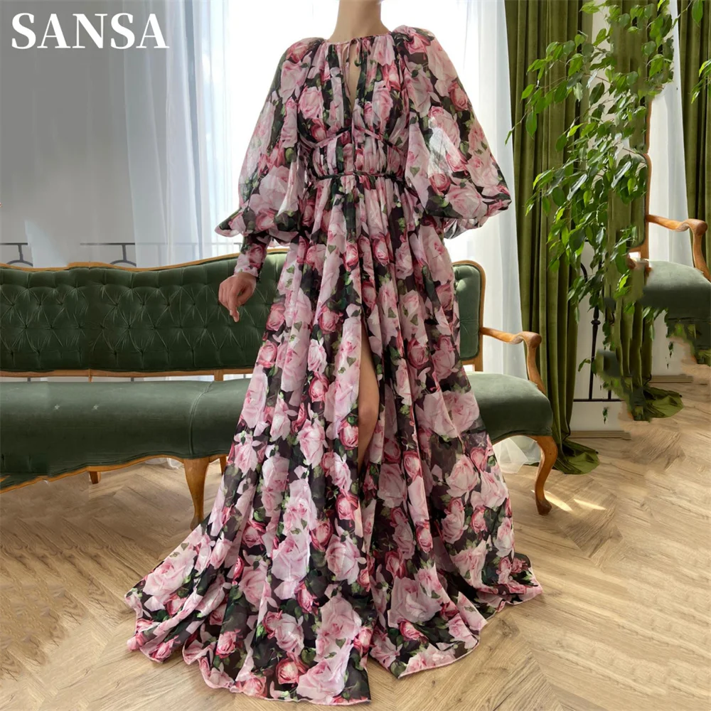 

Sansa Flower Puffy Sleeve A-line فساتين السهرة Sweet High Neck Vestidos De Noche Sexy Side Split Prom Dress فساتين سهره فاخره