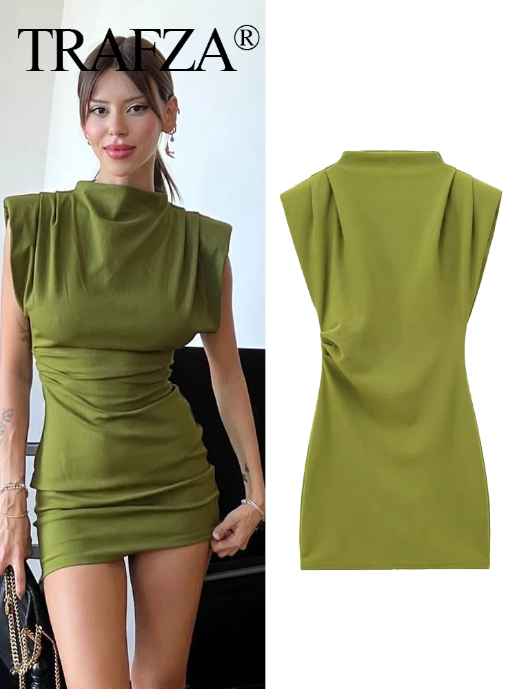 

TRAFZA Summer Sexy Mini Dress Woman Trendy Green O-Neck Sleeveles Zipper Female Fashion High Street Sheath Slim Dresses Mujer