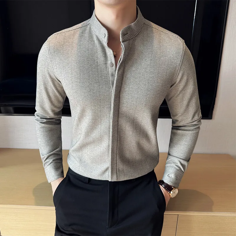 Autumn Winter New Thicken Warm Woolen Shirts 2026 Men's Stand up Collar Solid Long Sleeve Slim Shirt Formal Social Men Clothing