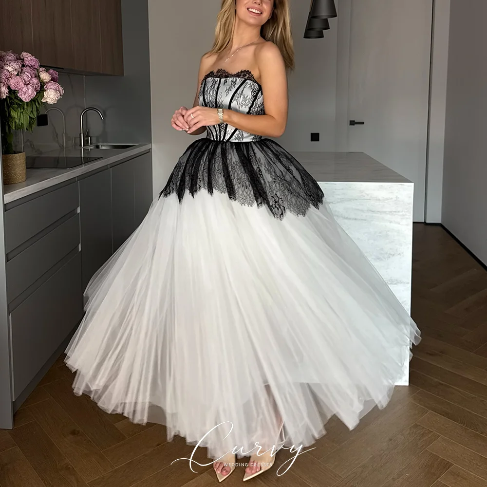 Curvy Black Lace Strapless A-Line Wedding Dresses for Women Corset Tulle Bridal Gown  vestido de noiva 2026 Customized