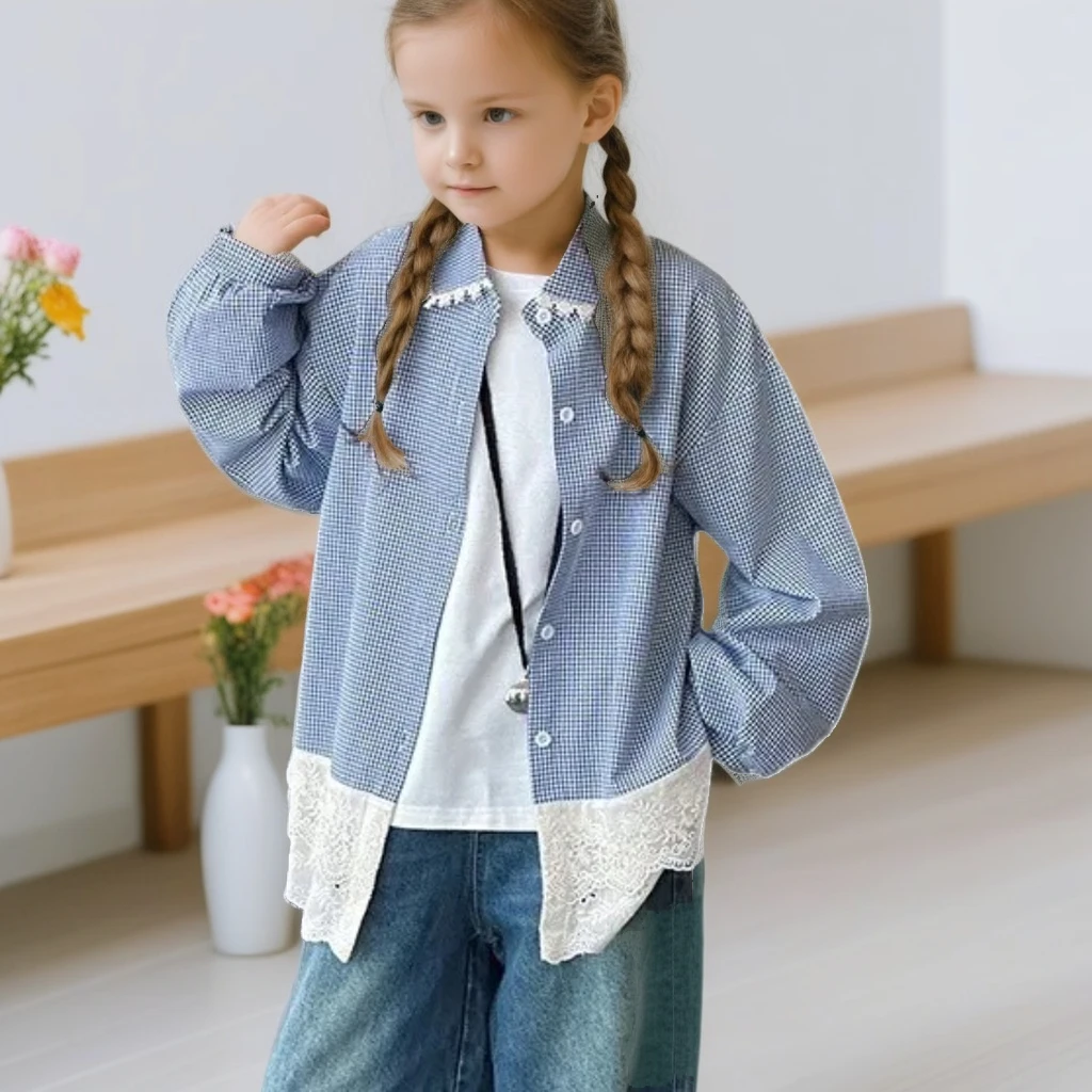 

Autumn Teenage Girls Blue Plaid Shirt Stylish Long Sleeve Blouse Lace Trim Trendy Top for Kids Casual Versatile Children Clothes