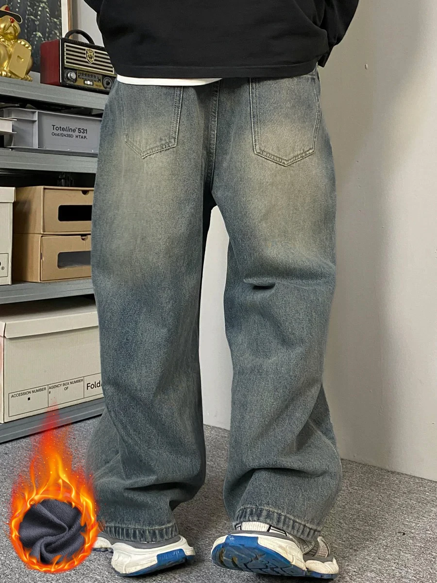 Men's Fleece-Lined Warm Washed Vintage Baggy Jeans Y2K Retro Fashion Simple Commuter Versatile Wide-Leg Pants for Fall and W