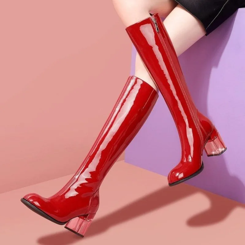 

Patent Leather Knee High Boots Waterproof Platform Thick Heel Bar Stage Boots 35-42 Zip Square Head Long Boots Side Plus Size 42