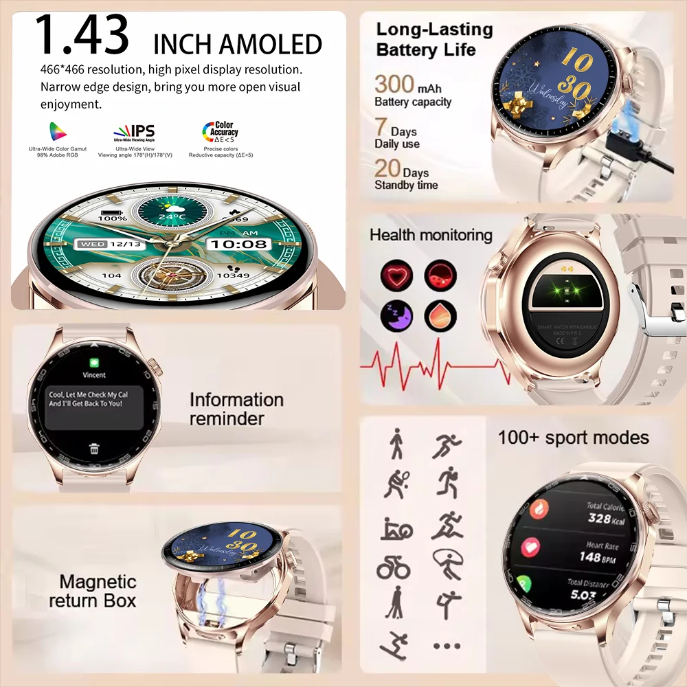 2026 New 2-In-1 TWS Headset Smart Watch 1.43' Women Men Sport Fitness Motion Tracker Watches Earphone Music Smartwatch