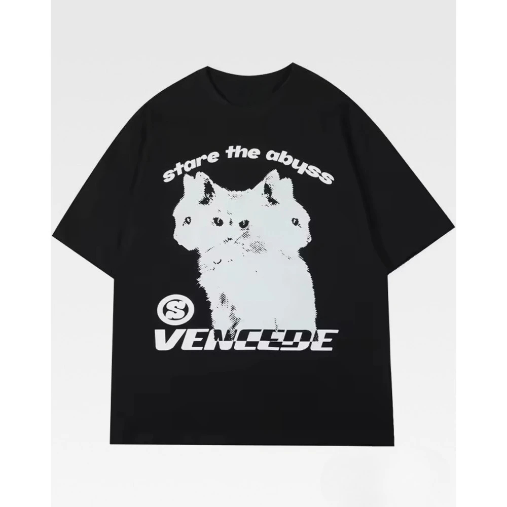 T-Shirt Men Women Stare The Abyss Cat Letter Vintage Y2K Grunge Streetwear Loose Casual Tee Top