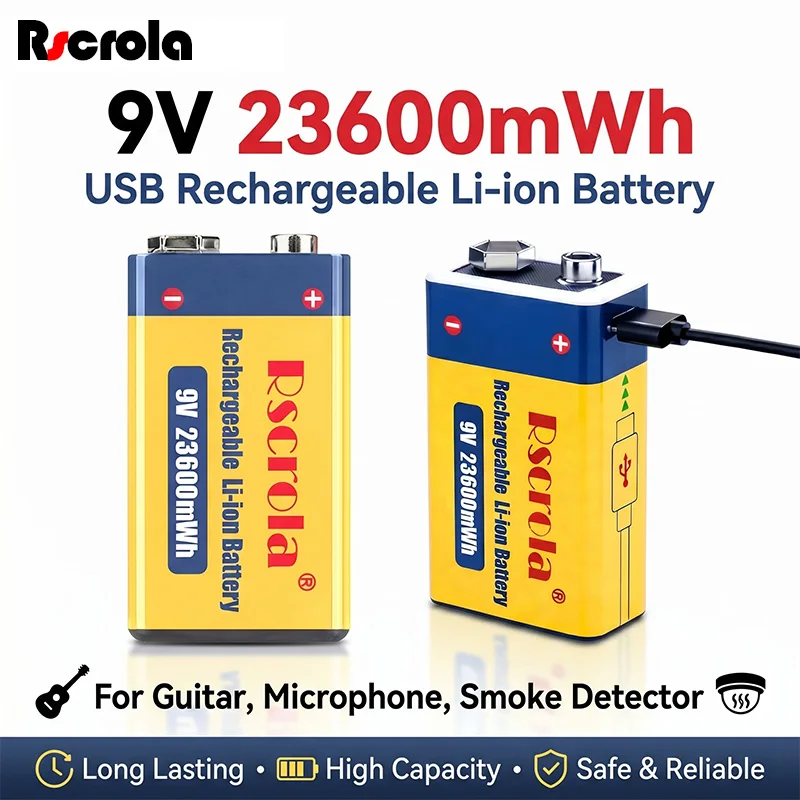 Long Lasting 9V 23600mWh Rechargeable Li-ion Battery 6F22 PP3 USB Charging for Guitar Microphone Smoke Detector Effect Pedal