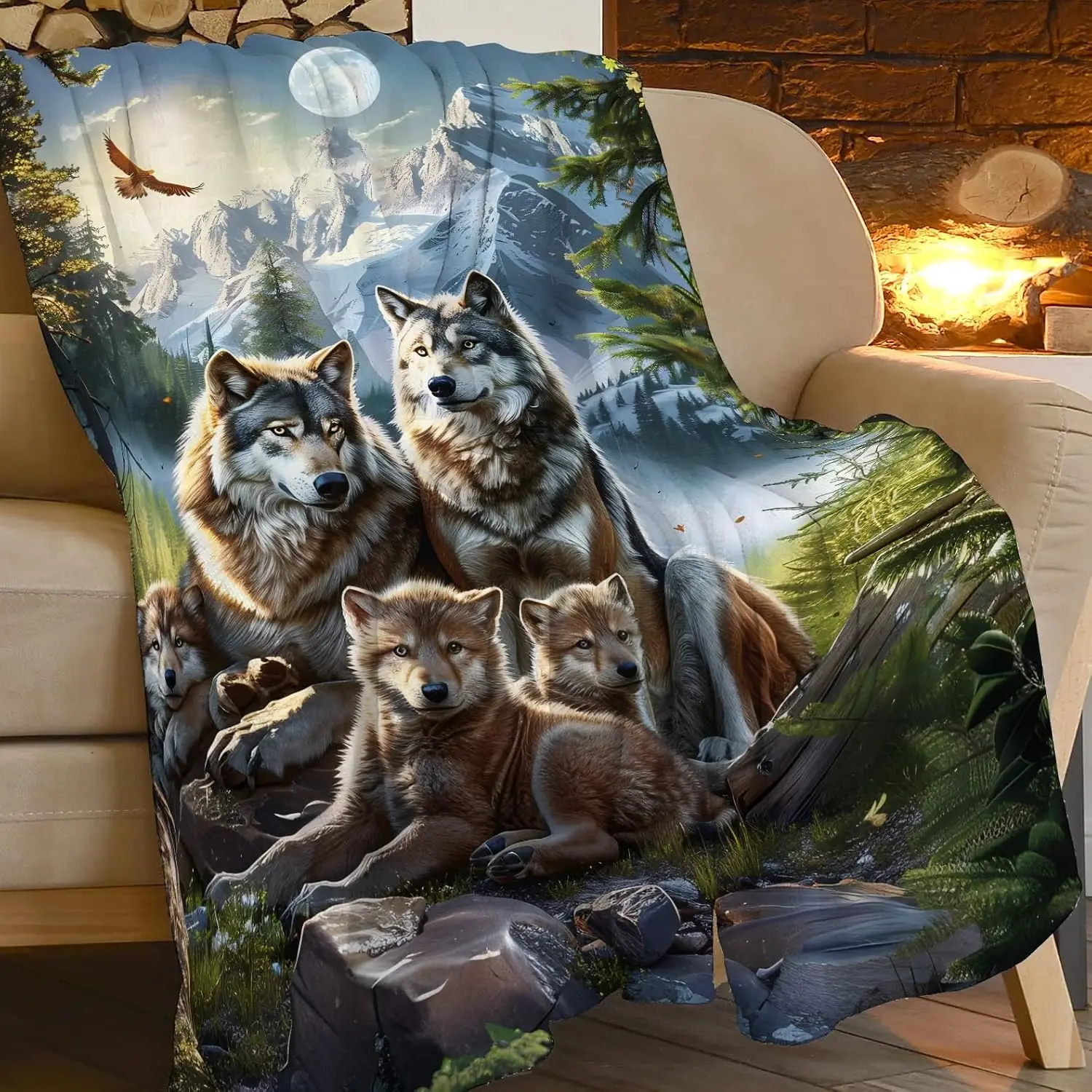 Wild Wolf Family Mountain Pine Forest Moon Eagle Scenery Flannel Blanket Decorative Throw For Lounge Bedroom Holiday Gift