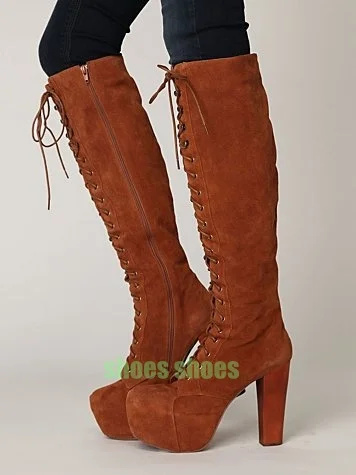 

Lady Chunky Heel Lace-Up Suede Platform Boots Zipper Suede Brown Footwear Suede Fall Runway New Arrive Trendy Boots Size 34-46