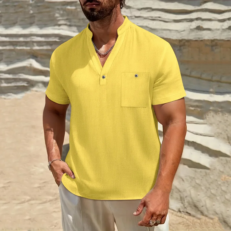 Men's Cotton Linen Henley Shirt Short Sleeve Band Collar Button Chest Pocket Casual Breathable Summer Beach Vacation Daily Tee