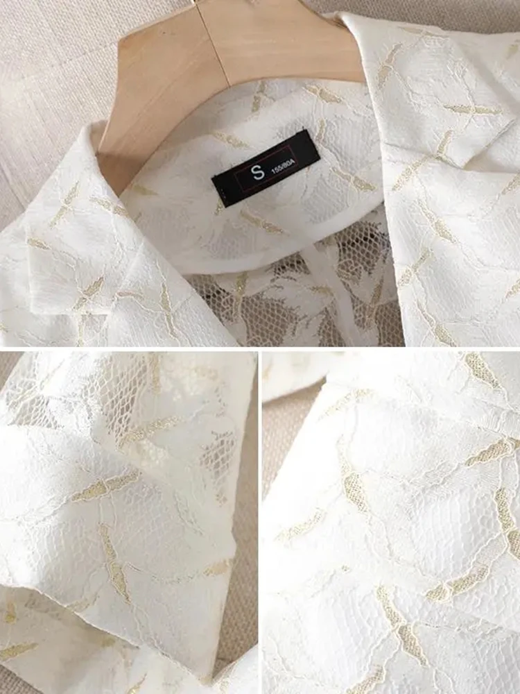 White Lace Women Blazer 2022 New Elegant Hollow Out Thin Sun Protection Summer Blazers Lady Office Suit Jackets Coat Slim Tops