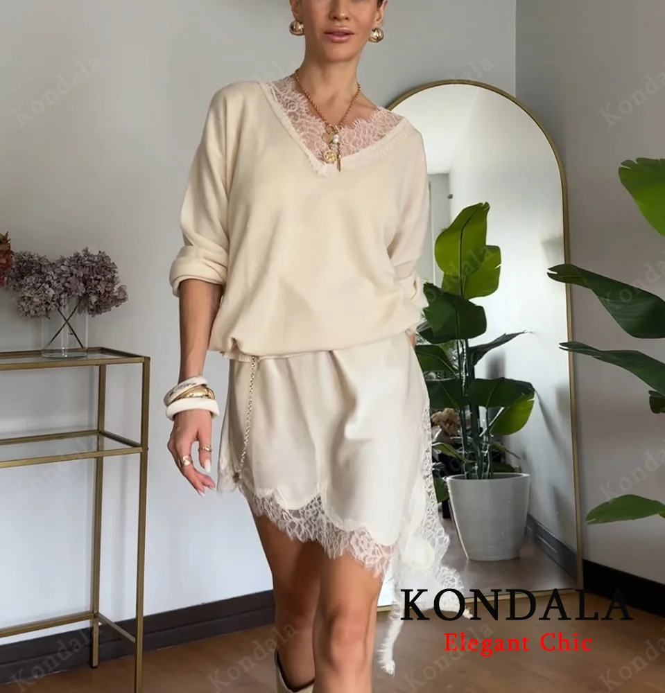 KONDALA Women Elegant Lace Y2K Dress Satin Asymmetrical Halter Mini Dress 2025 Fashion High Street Party Romantic Lady Dress
