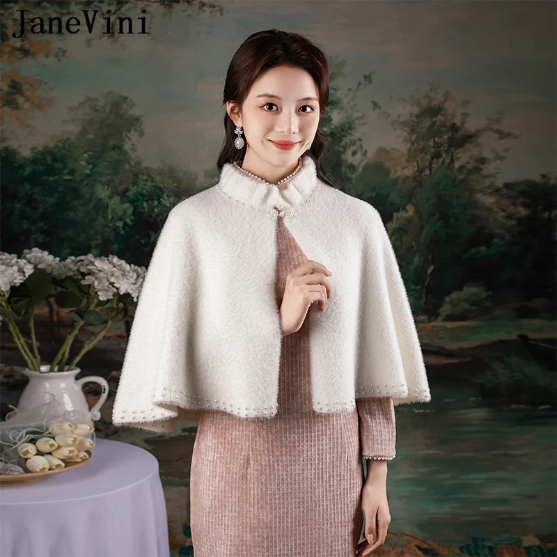 JaneVini Chale Fourrure Fur Women Cloak Bridal Wraps Shrug Pearls Wedding Dress Cape Bolero Estola Evening Dress Shawl Brauttop