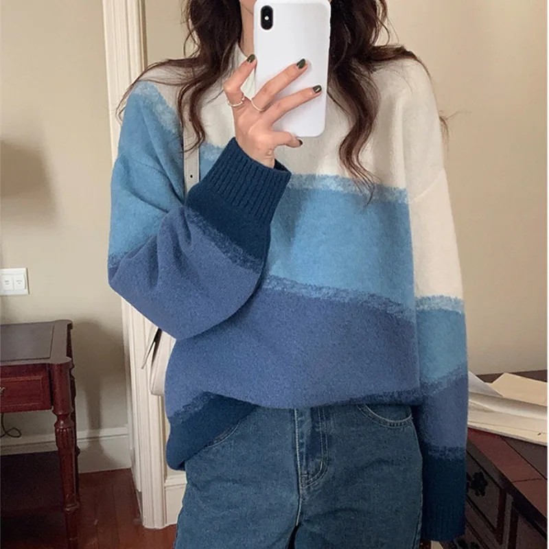 الكورية نمط لينة شمعي الجولة الرقبة متماسكة سترة المرأة البلوز 2025 الخريف/الشتاء تصميم جديد غير رسمي فضفاض كسول محبوك