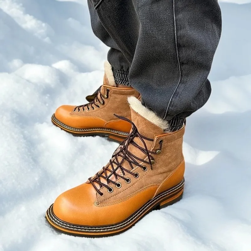 

Vintage Work Snow Boots Men's Shoes Winter Thick Wool High Top Casual Fur Round Toe Genuine Leather Chelsea Boots Male Youth