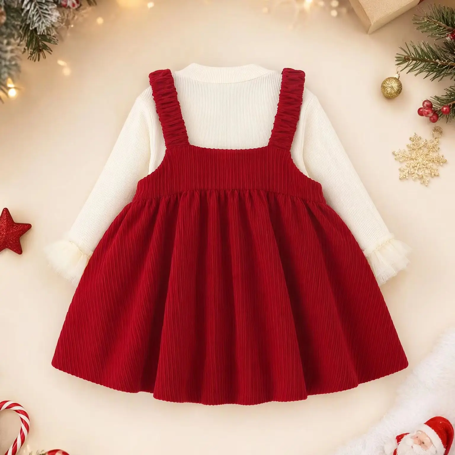 Children Winter Warm Christmas 2Pcs Set Baby Girls Long Sleeve Top + Mushroom Decor Corduroy Suspender Dress 0-4 Y Kids Clothing