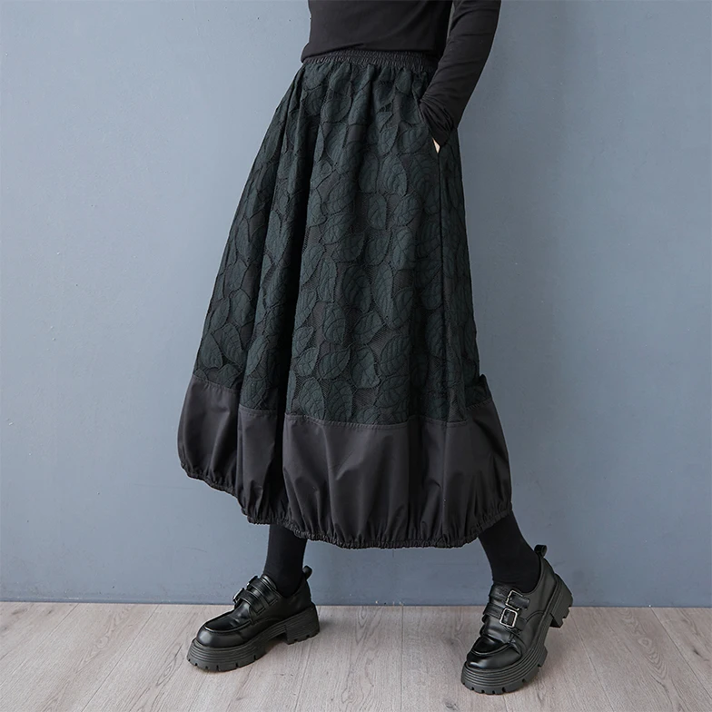 الرجعية Bla تصميم فريد f-طول تنورة المرأة ربيع الخريف Faionable منتفخ تنورة ميدي زهرة برعم تنورة #4