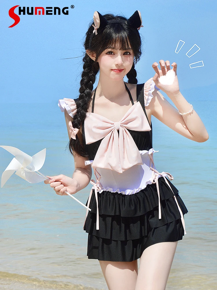 

Sweet Cute Girl One Piece Swimsuit Women Flying Sleeves V-neck Lace-up Bow Slim Fit Swimming Bathing Suit Onepiece Swimwear