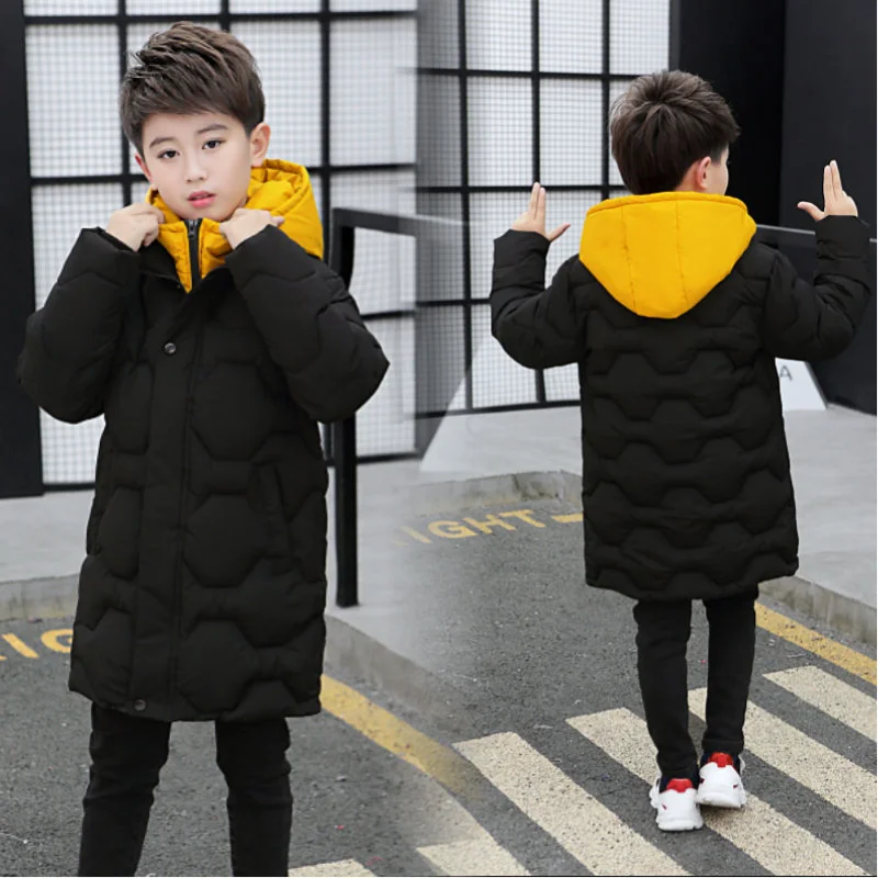 New Boys Jacket Autumn Winter Thicken Warm Teenager Kids Jackets Fashion Long Style Zipper Hooded Boys Coat 4 6 8 10 12 14 Years