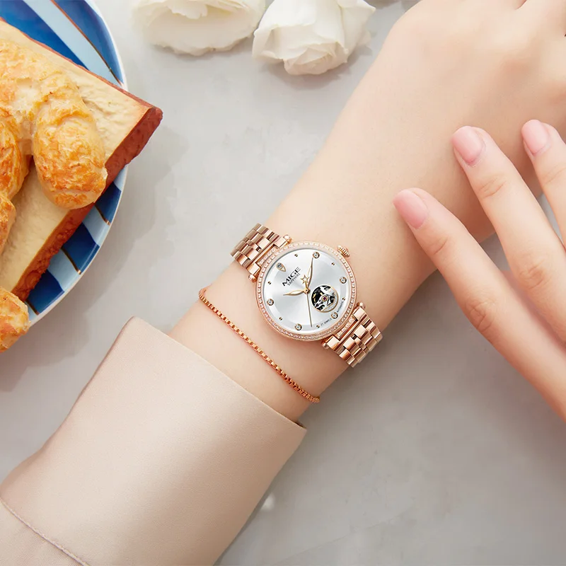 MIGE Orologi di marca di lusso da donna Orologi da polso meccanici da donna impermeabili con diamanti a carica automatica in acciaio inossidabile