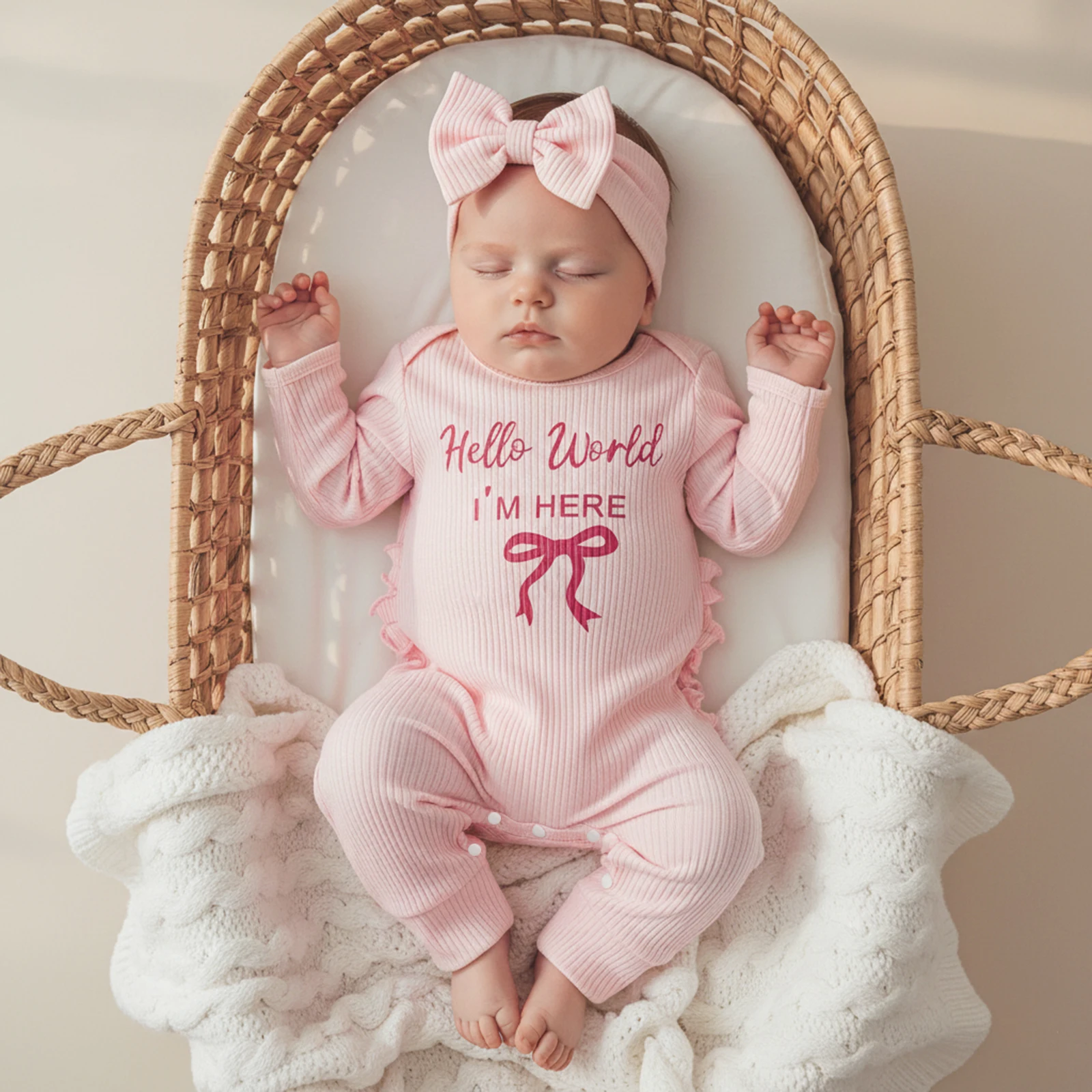 2Pcs Newborn Baby Girl Outfit Long Sleeve Crew Neck Letters Bow Print Romper with Bow Headband Set Baby Coming Clothes