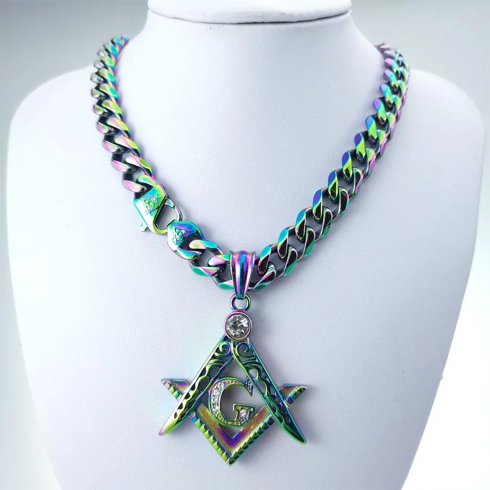 Rhinestone Pendant Necklace 11mm Width Iridescence Mens Women Freemasonry Masonic Mason Stainless Steel