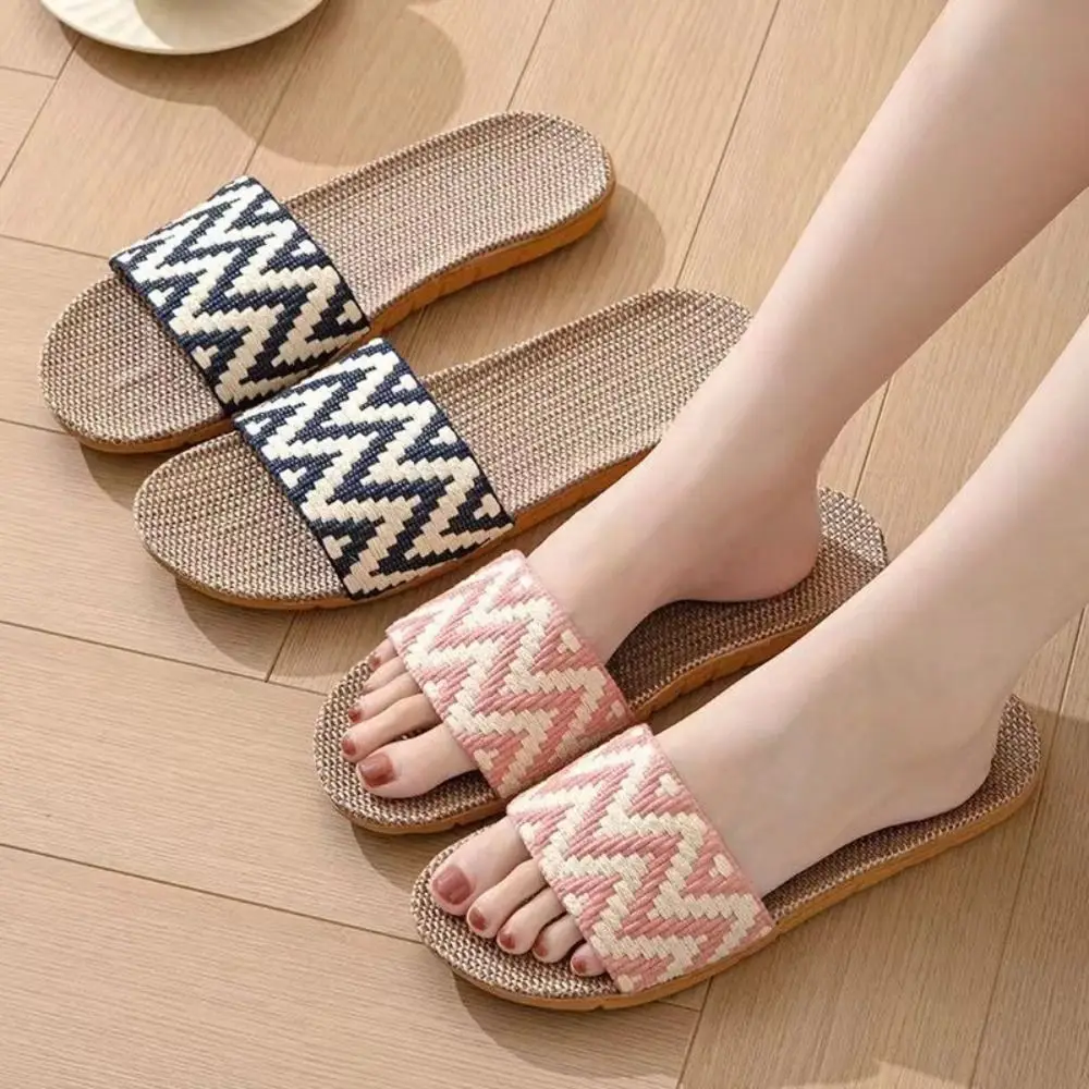 

Модные льняные тапочки в полоску в этническом стиле, мягкие нескользящие лоскутные тапочки на плоской подошве, впитывающая пот обувь, женские и мужские летние тапочки